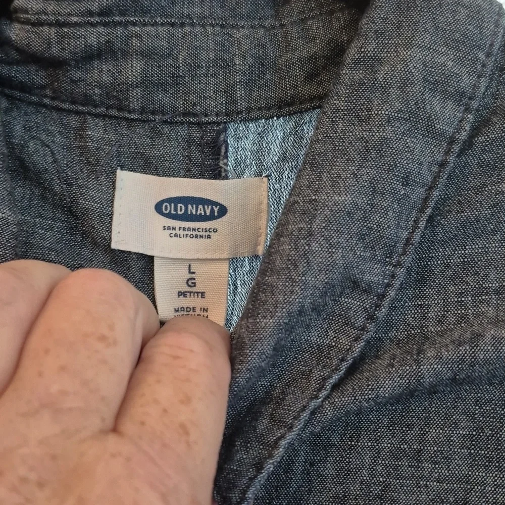 Button Front Lg. Petite Babydoll Blue Chambray Shirtdress Cotton Dress Mini - Picture 2 of 9